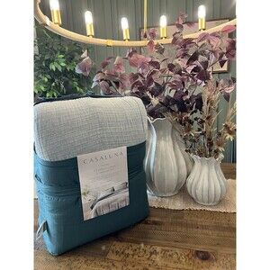 Full/Queen Textured Chambray Cotton Comforter & Sham Set Dark Teal Blue NEW